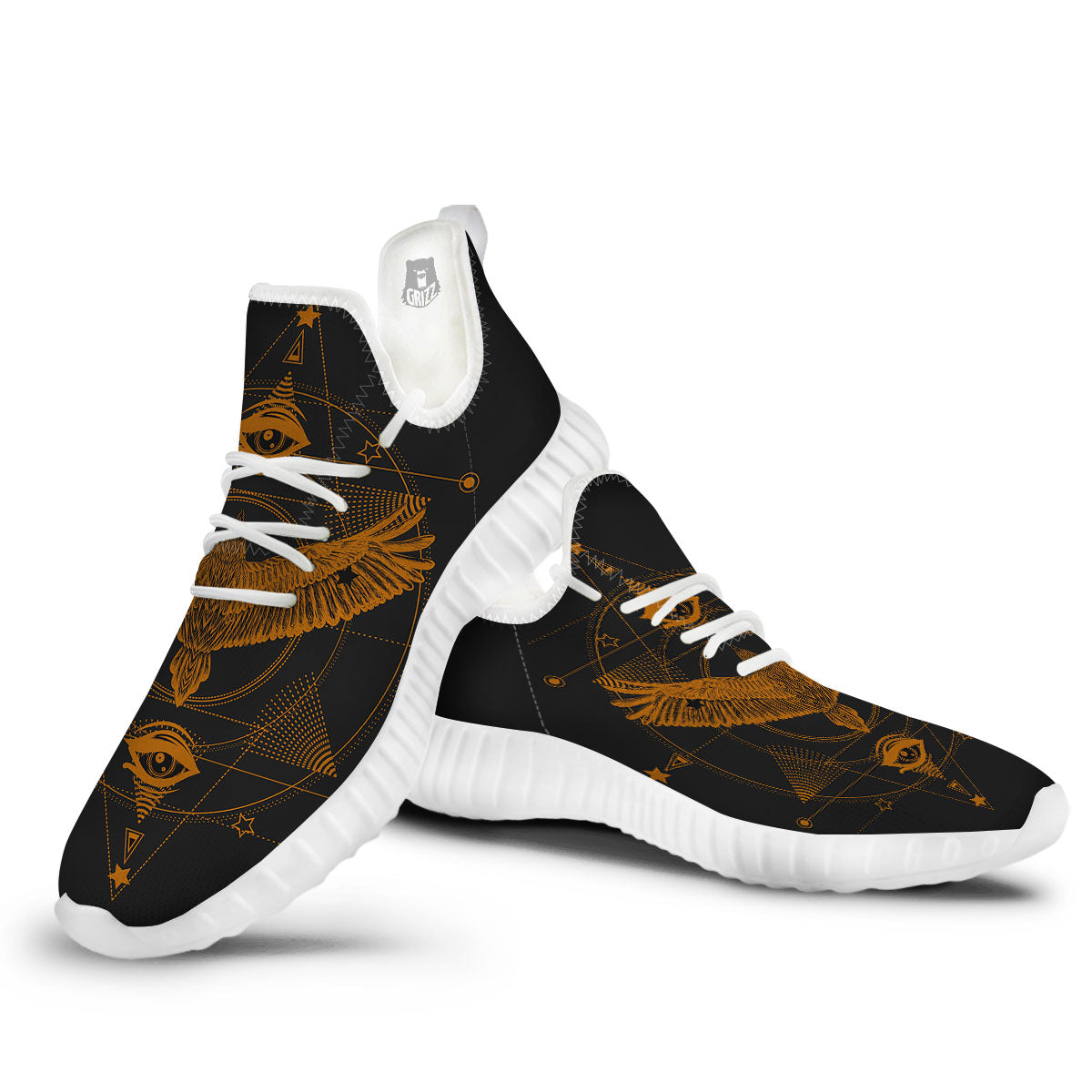 Masonic Eye Raven Print White Walking Shoes-grizzshop