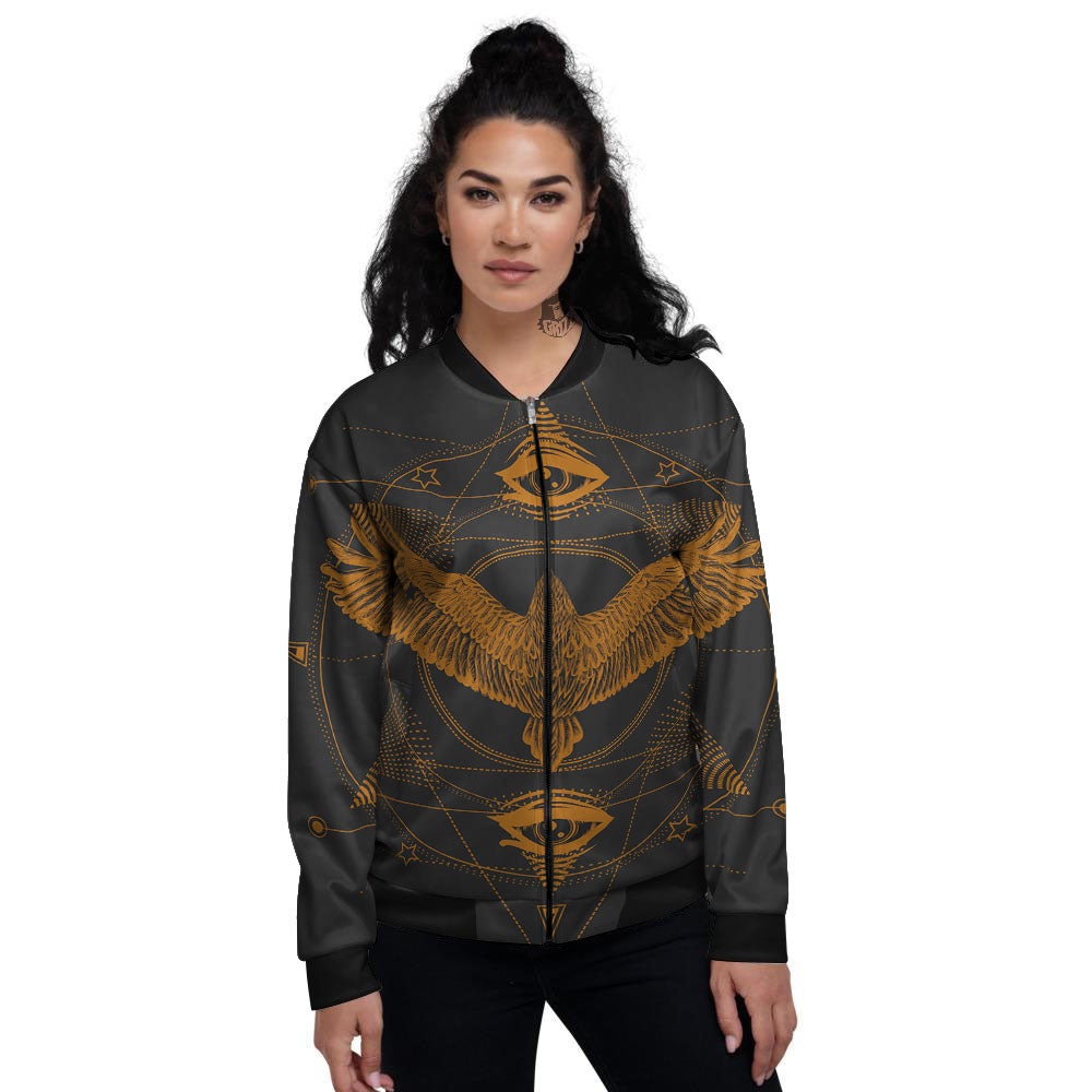 Masonic Eye Raven Print Women's Bomber Jacket-grizzshop