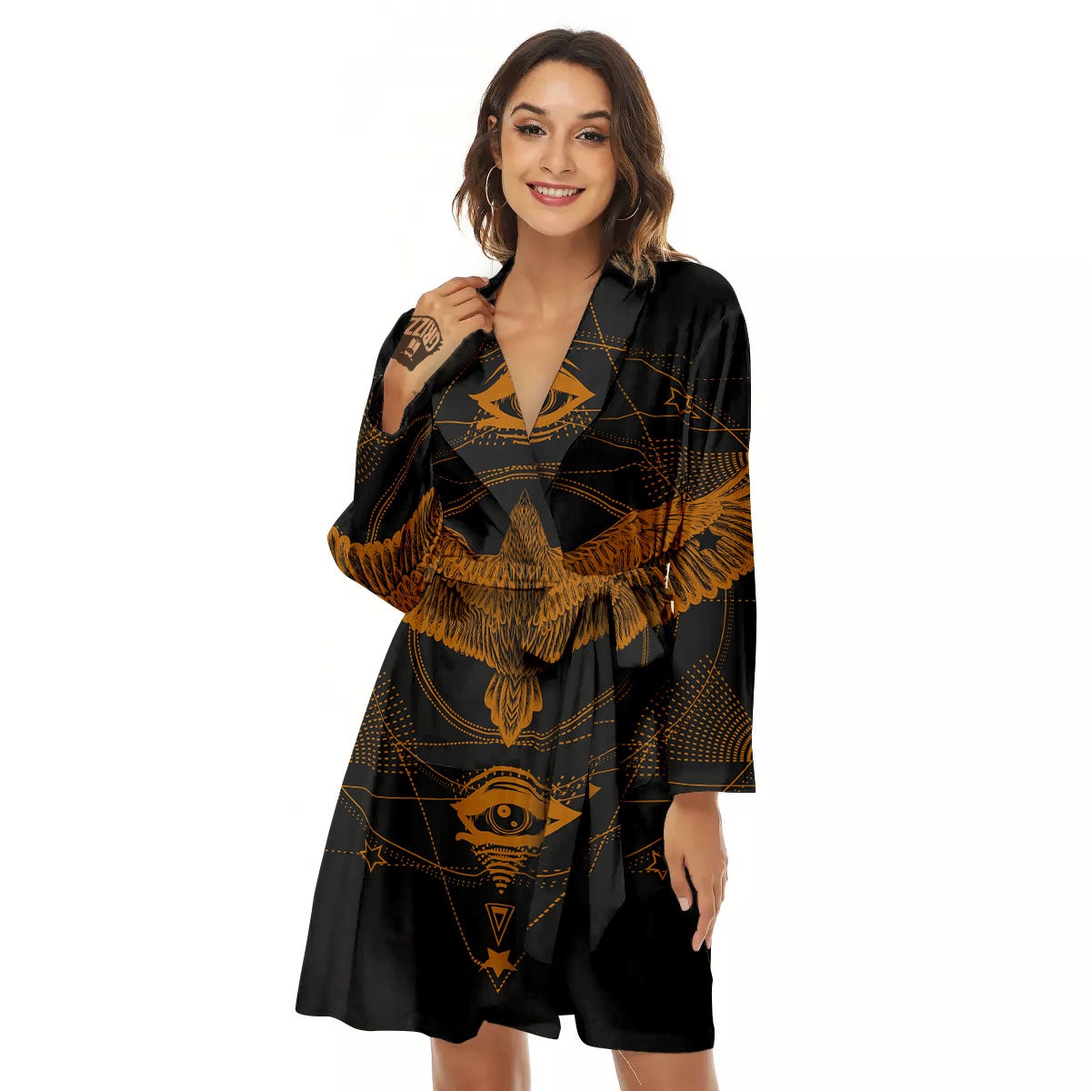 Masonic Eye Raven Print Women's Robe-grizzshop