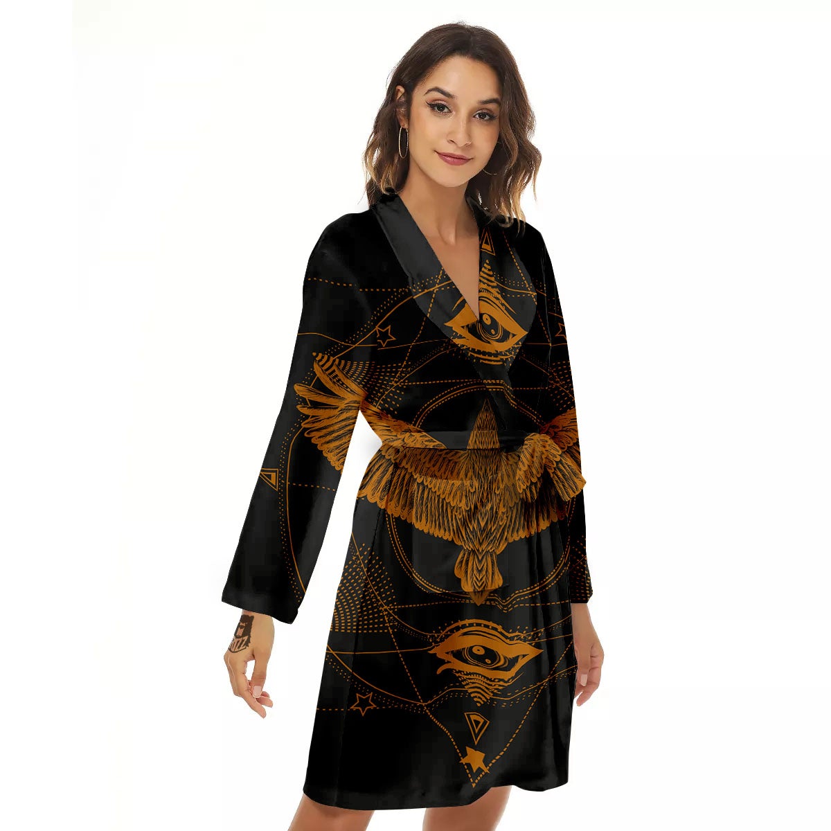 Masonic Eye Raven Print Women's Robe-grizzshop