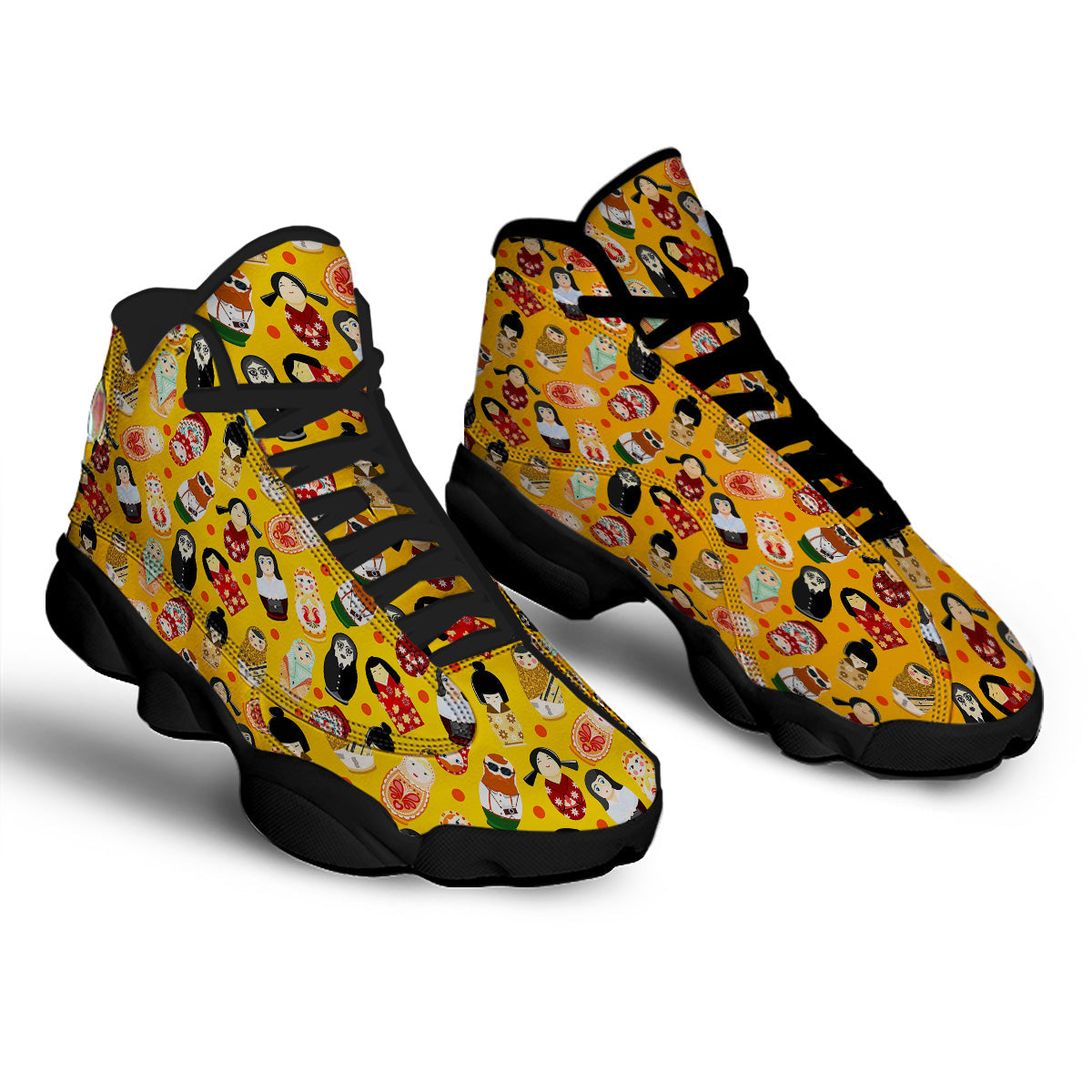 Matryoshka Doll Yellow Print Pattern Black Basketball Shoes-grizzshop