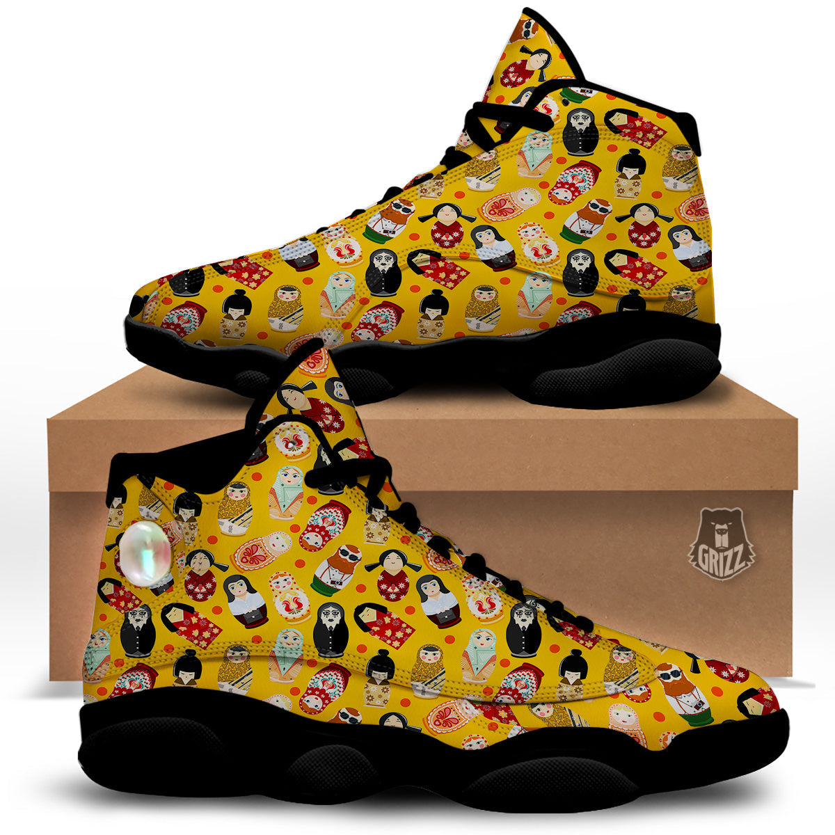 Matryoshka Doll Yellow Print Pattern Black Basketball Shoes-grizzshop