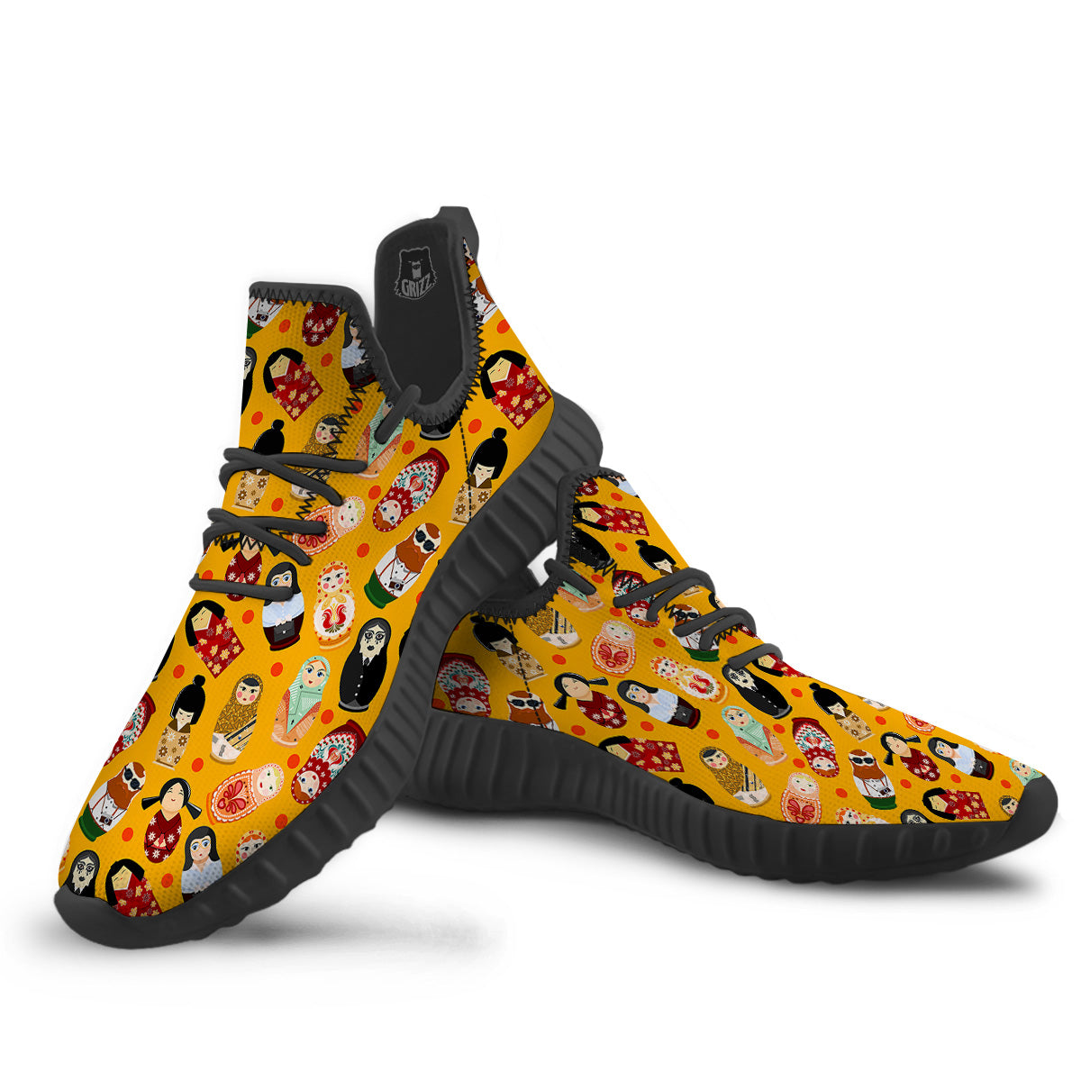 Matryoshka Doll Yellow Print Pattern Black Walking Shoes-grizzshop
