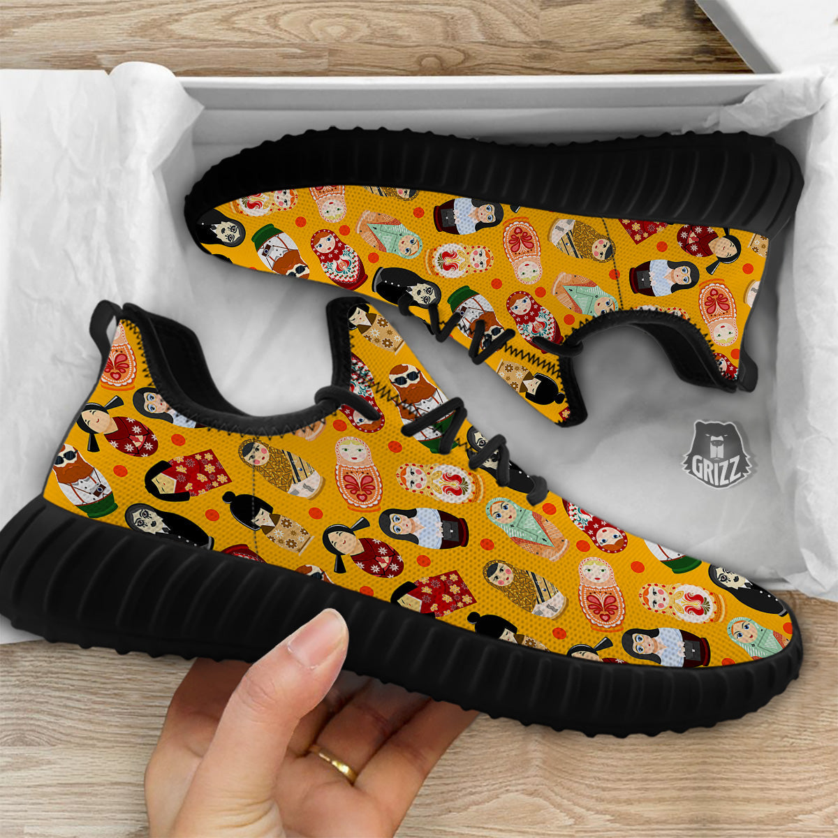 Matryoshka Doll Yellow Print Pattern Black Walking Shoes-grizzshop