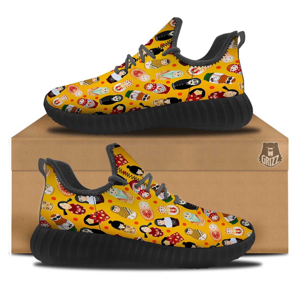 Matryoshka Doll Yellow Print Pattern Black Walking Shoes-grizzshop