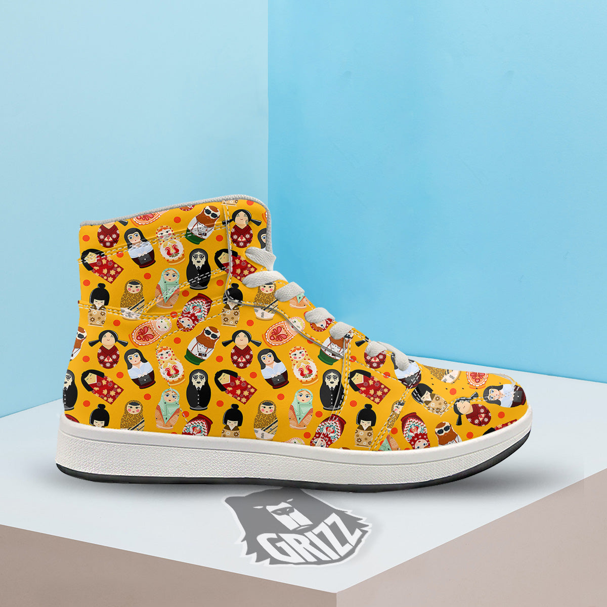 Matryoshka Doll Yellow Print Pattern High Top Sneakers-grizzshop