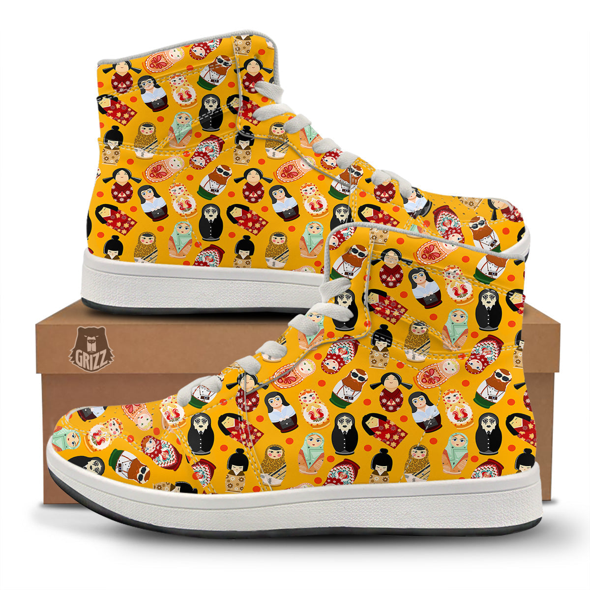 Matryoshka Doll Yellow Print Pattern High Top Sneakers-grizzshop