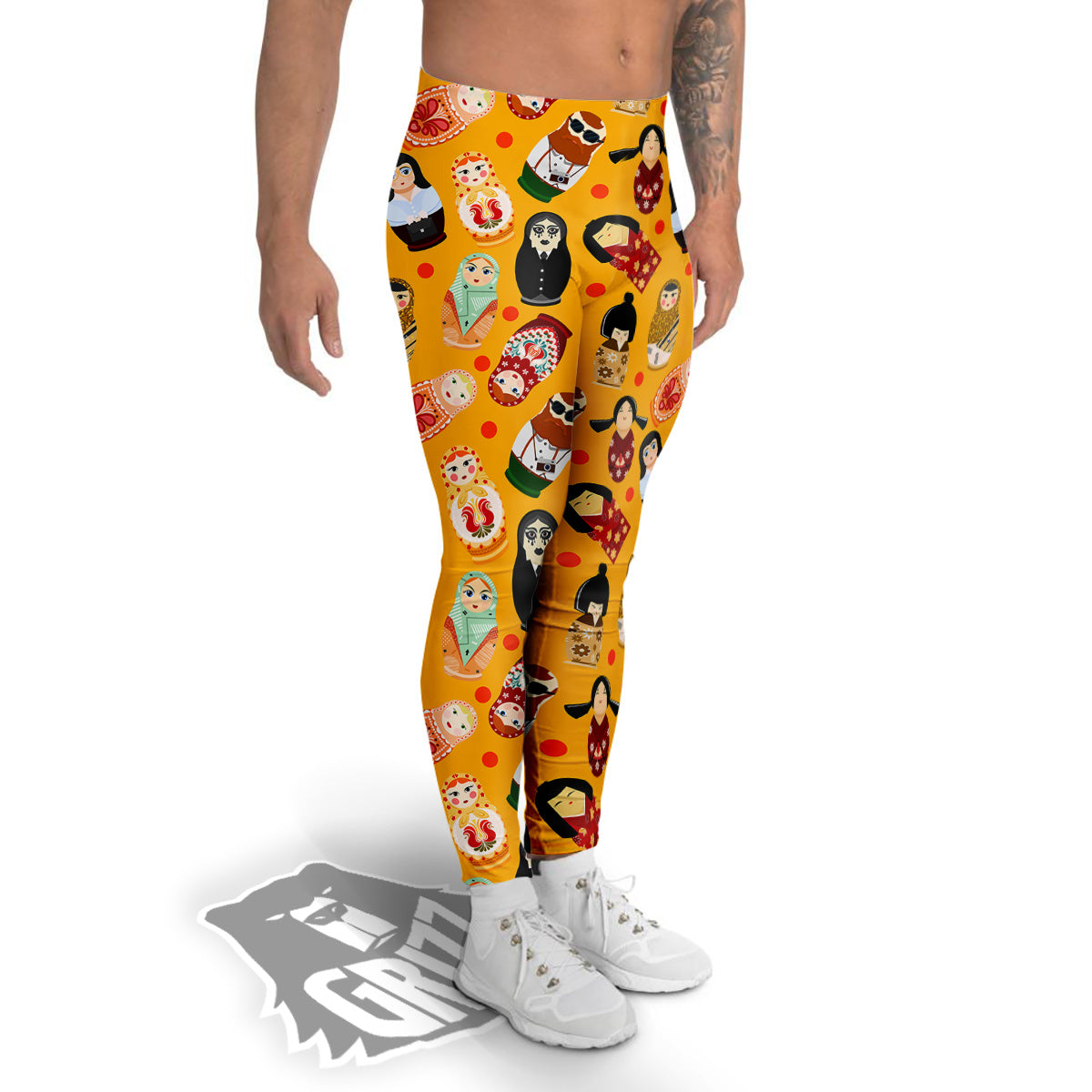 Matryoshka Doll Yellow Print Pattern Men's Leggings-grizzshop