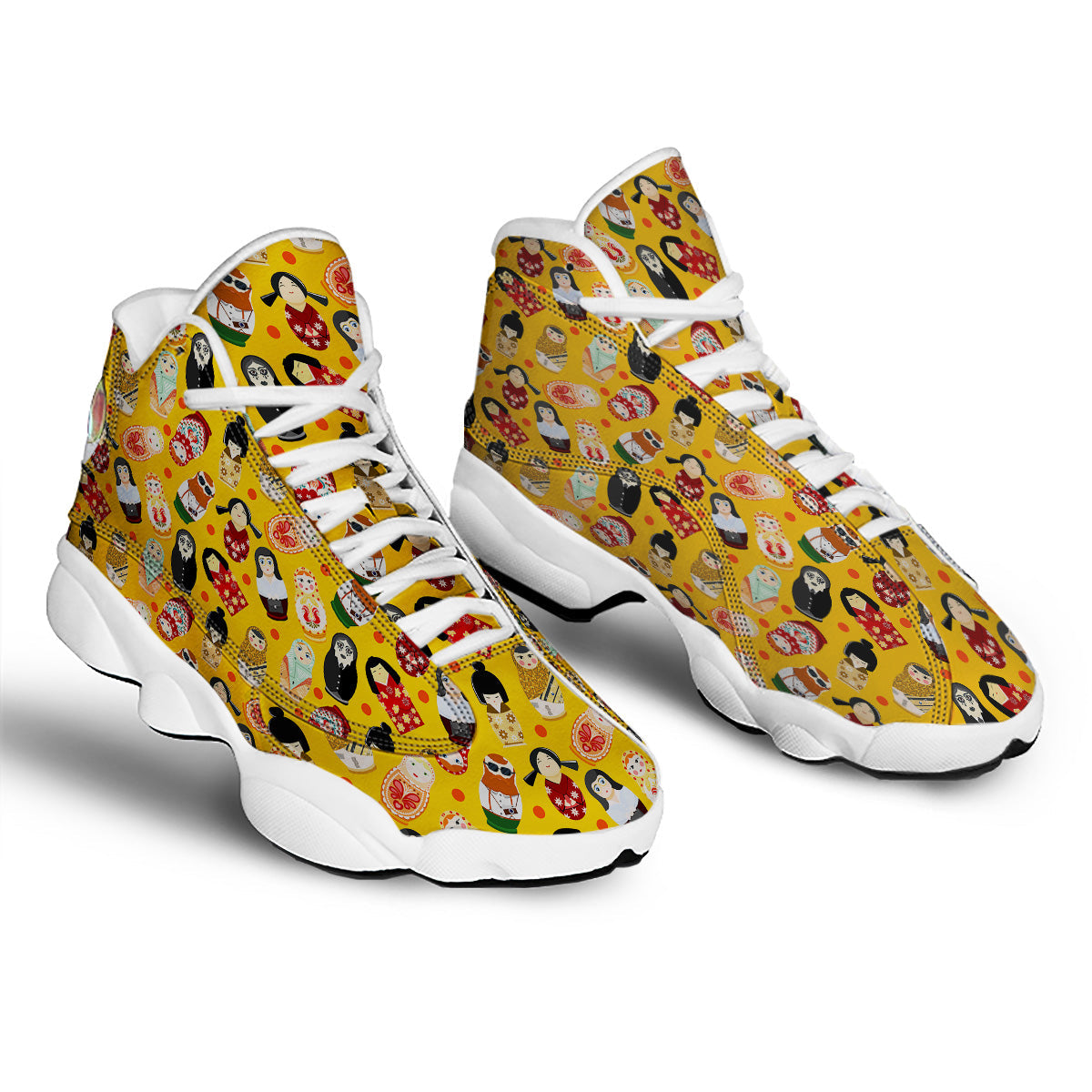 Matryoshka Doll Yellow Print Pattern White Basketball Shoes-grizzshop