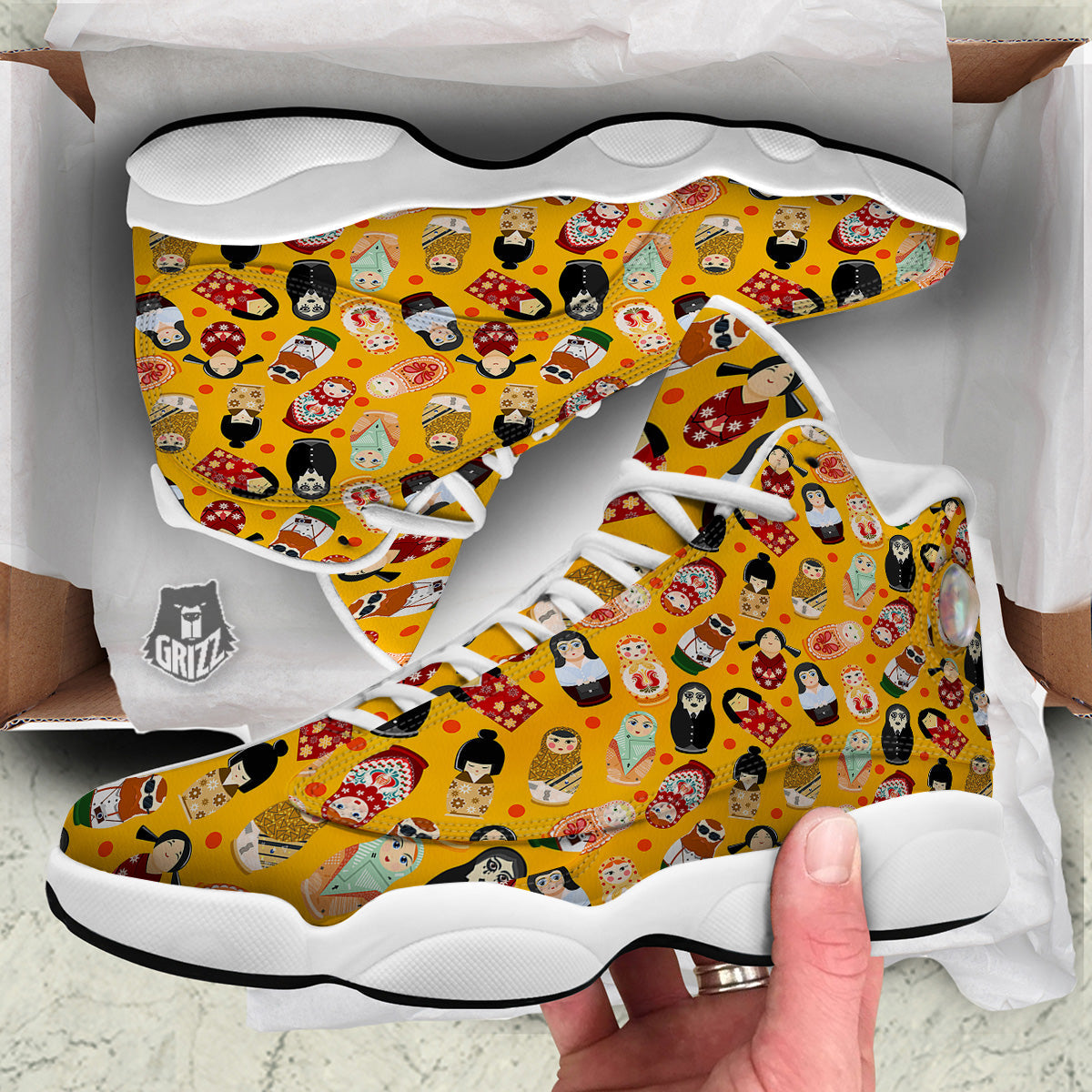 Matryoshka Doll Yellow Print Pattern White Basketball Shoes-grizzshop