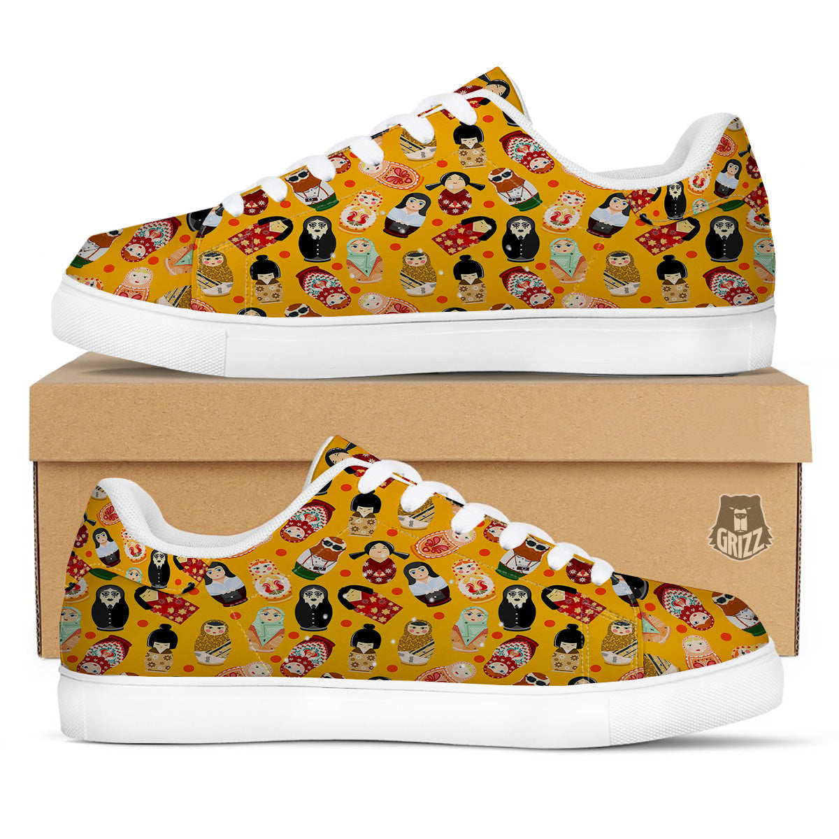 Matryoshka Doll Yellow Print Pattern White Low Top Sneakers-grizzshop