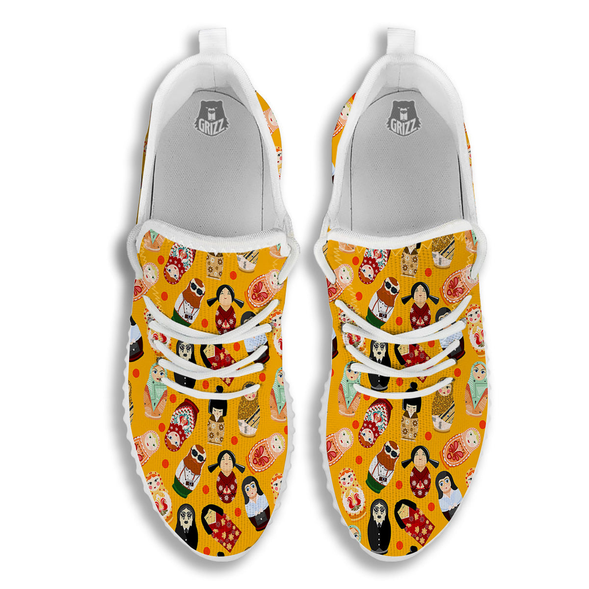 Matryoshka Doll Yellow Print Pattern White Walking Shoes-grizzshop