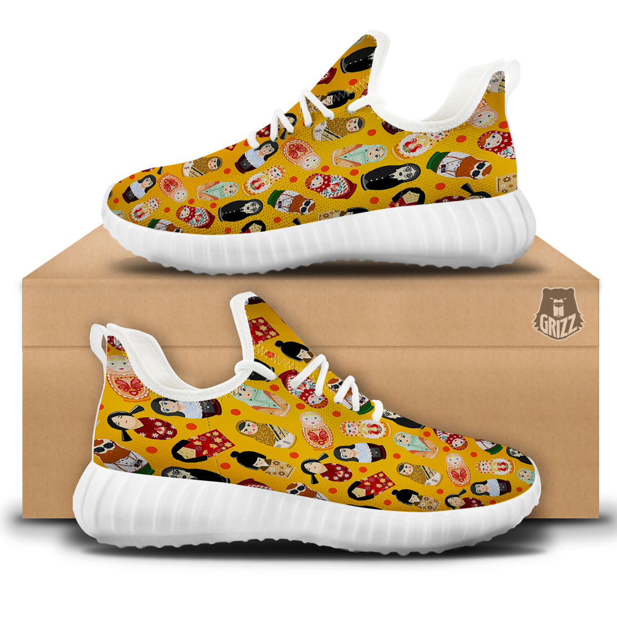 Matryoshka Doll Yellow Print Pattern White Walking Shoes-grizzshop