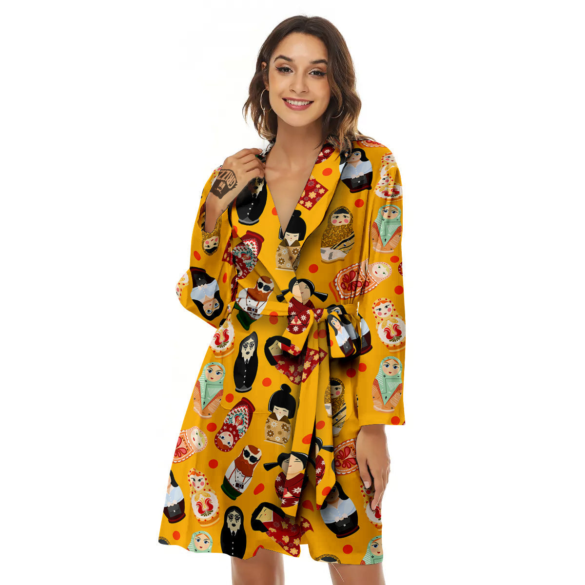Matryoshka Doll Yellow Print Pattern Women's Robe-grizzshop