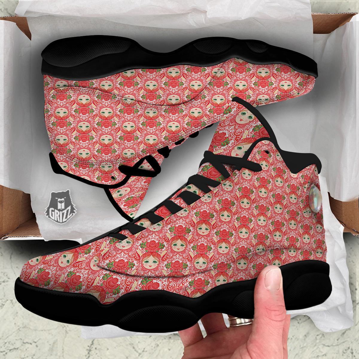 Matryoshka Traditional Pink Print Pattern Black Basketball Shoes-grizzshop