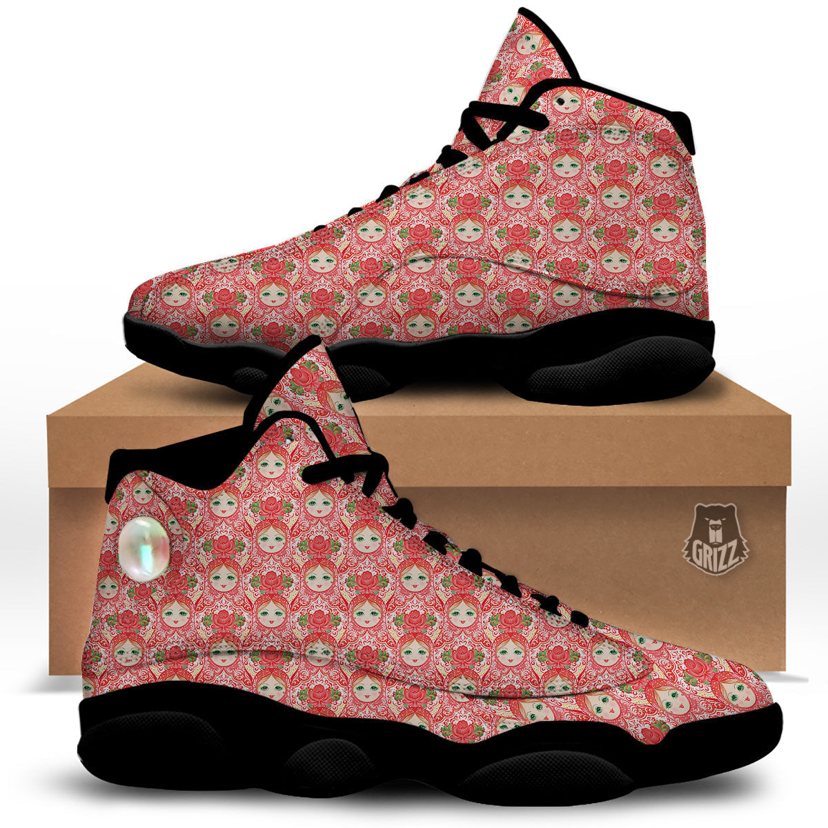 Matryoshka Traditional Pink Print Pattern Black Basketball Shoes-grizzshop