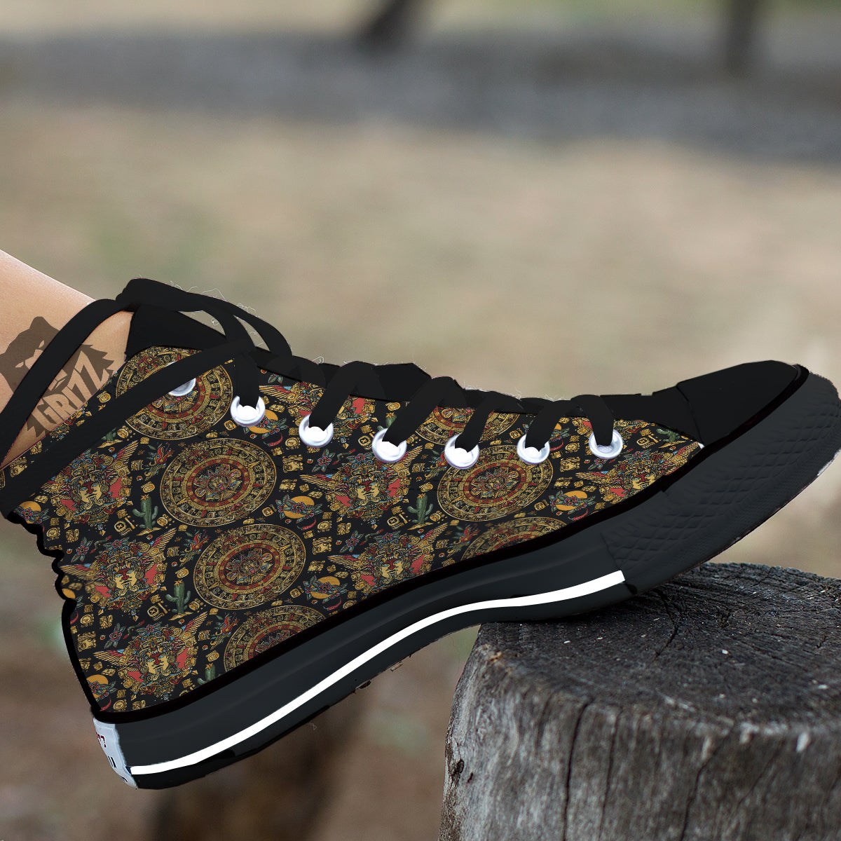 Maya Ancient Print Pattern Black High Top Shoes-grizzshop