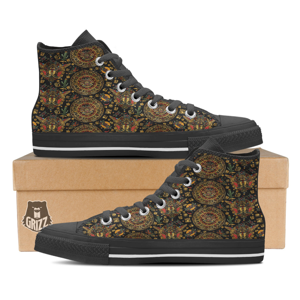 Maya Ancient Print Pattern Black High Top Shoes-grizzshop