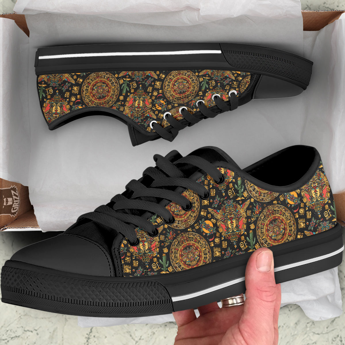 Maya Ancient Print Pattern Black Low Top Shoes-grizzshop