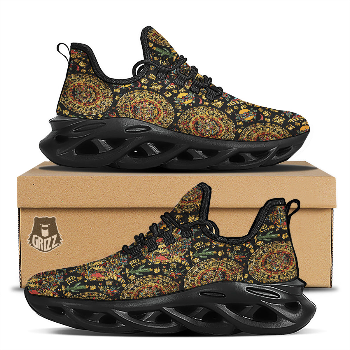 Maya Ancient Print Pattern Black Running Shoes-grizzshop