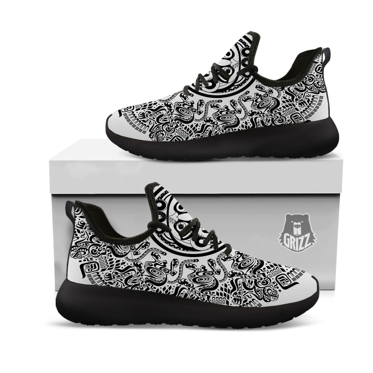 Maya Calendar White And Black Print Black Athletic Shoes-grizzshop
