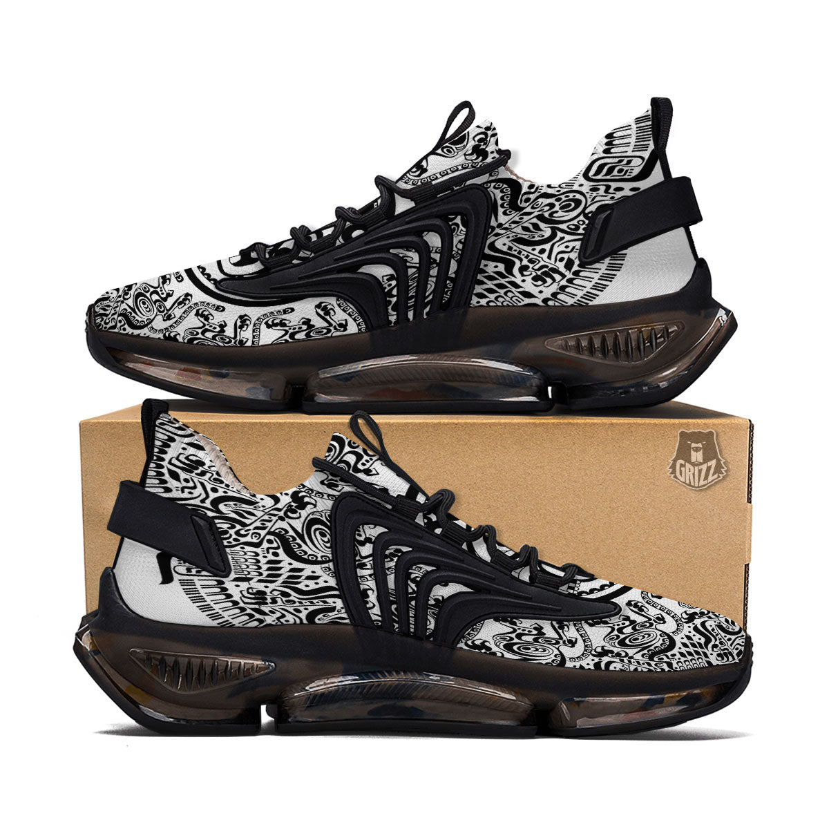 Maya Calendar White And Black Print Black Gym Shoes-grizzshop
