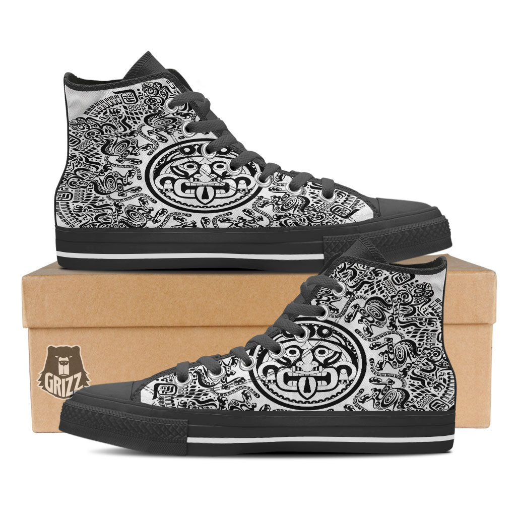 Maya Calendar White And Black Print Black High Top Shoes-grizzshop