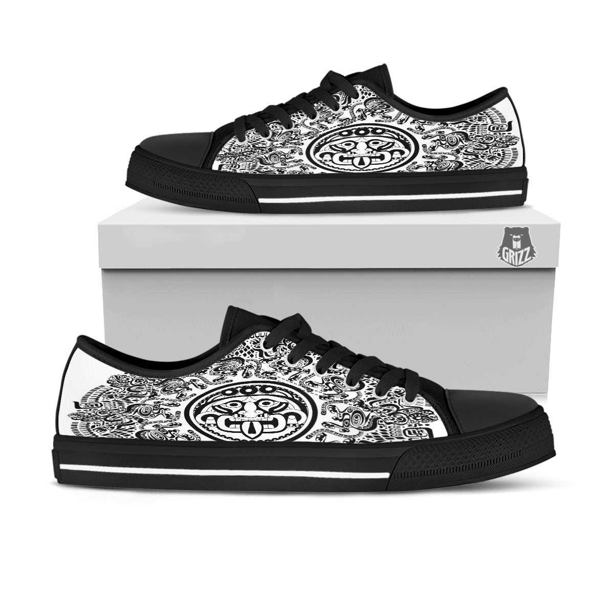 Maya Calendar White And Black Print Black Low Top Shoes-grizzshop
