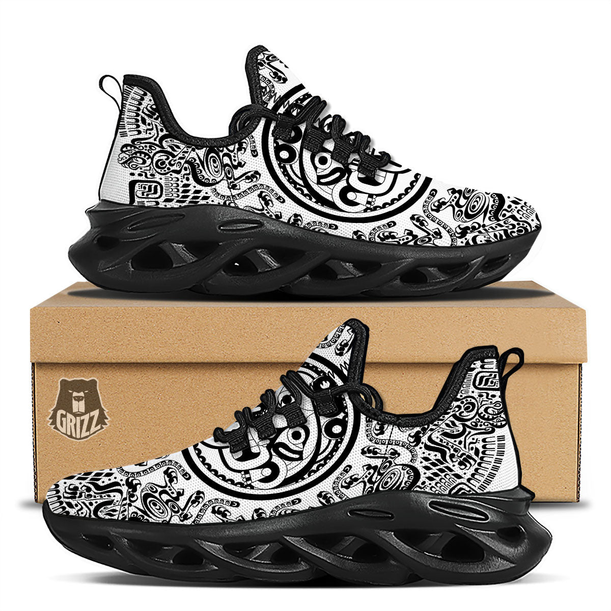 Maya Calendar White And Black Print Black Running Shoes-grizzshop