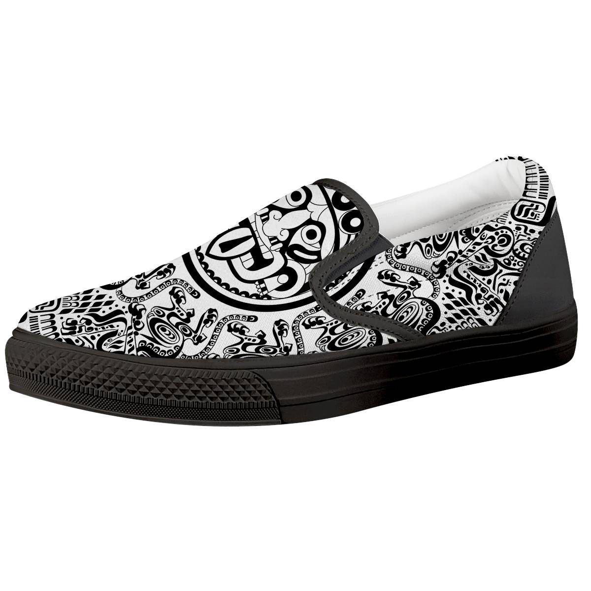 Maya Calendar White And Black Print Black Slip On Shoes-grizzshop
