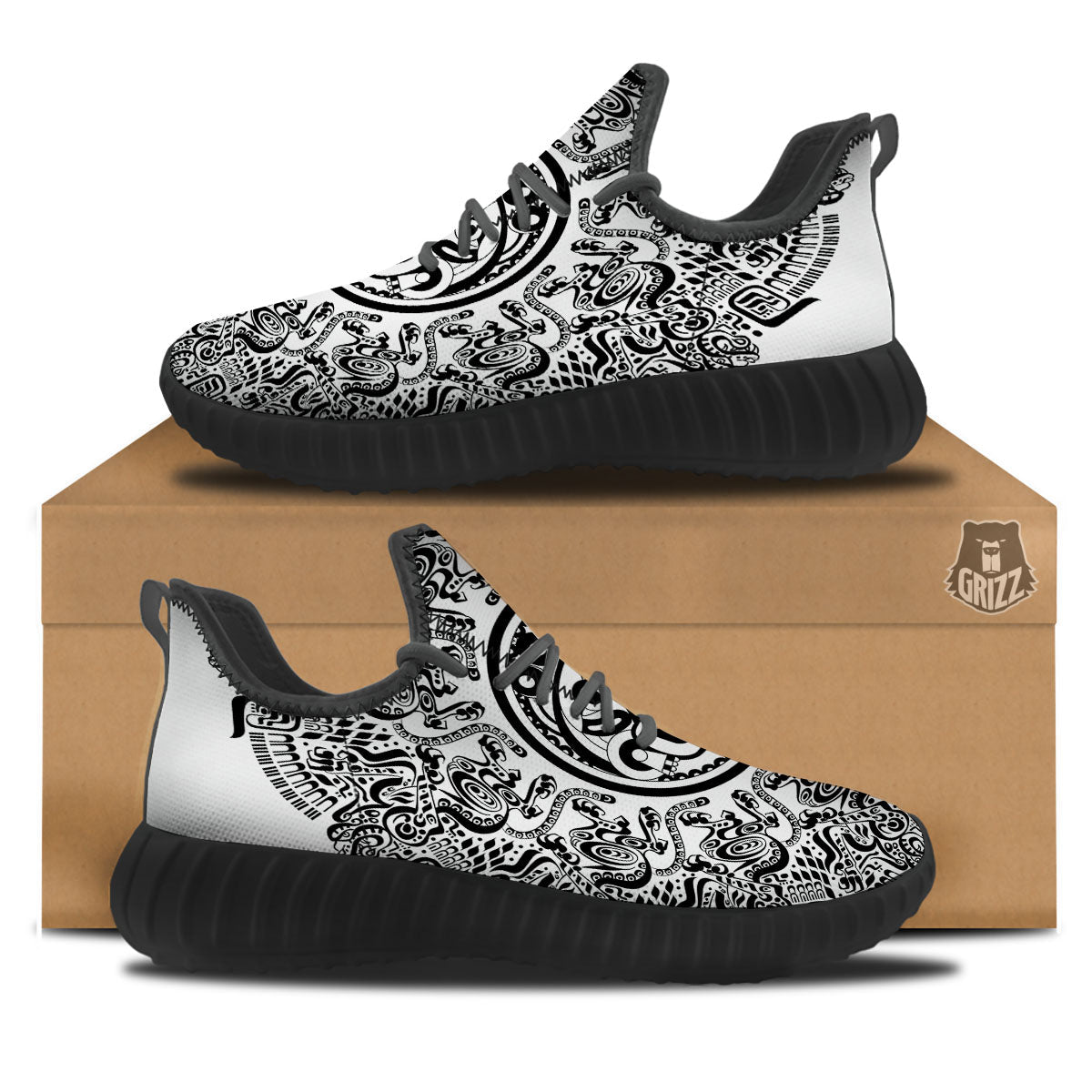 Maya Calendar White And Black Print Black Walking Shoes-grizzshop