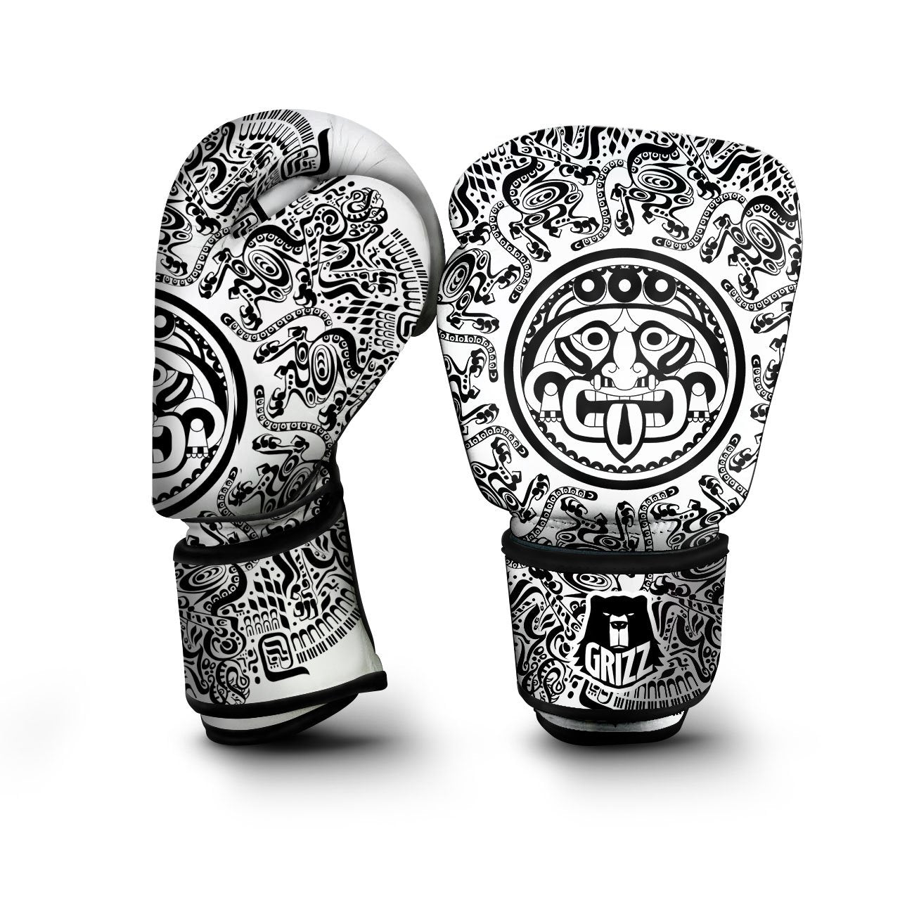 Maya Calendar White And Black Print Boxing Gloves-grizzshop