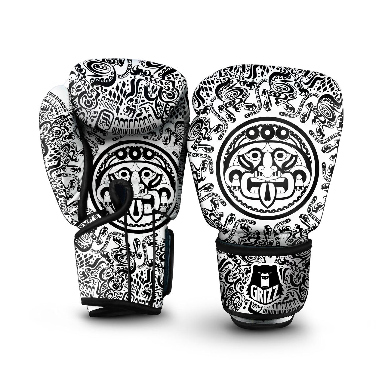 Maya Calendar White And Black Print Boxing Gloves-grizzshop