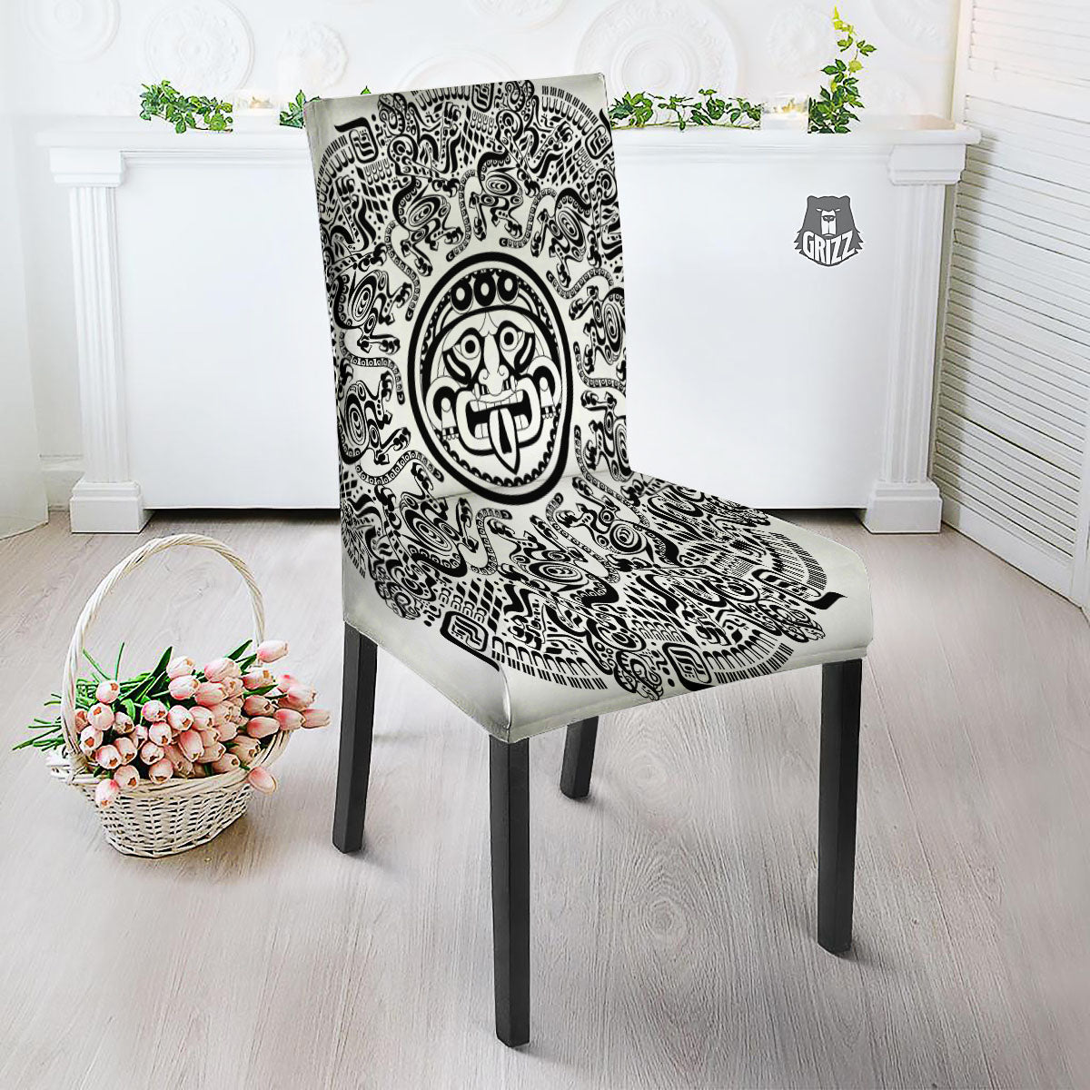 Maya Calendar White And Black Print Dining Chair Slipcover-grizzshop