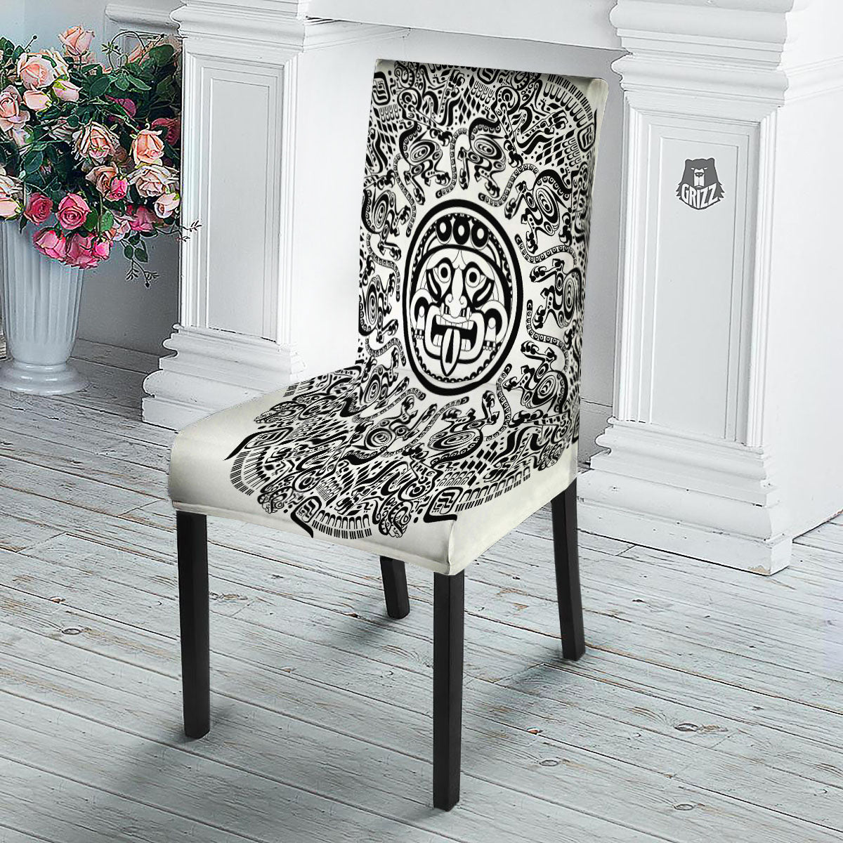 Maya Calendar White And Black Print Dining Chair Slipcover-grizzshop