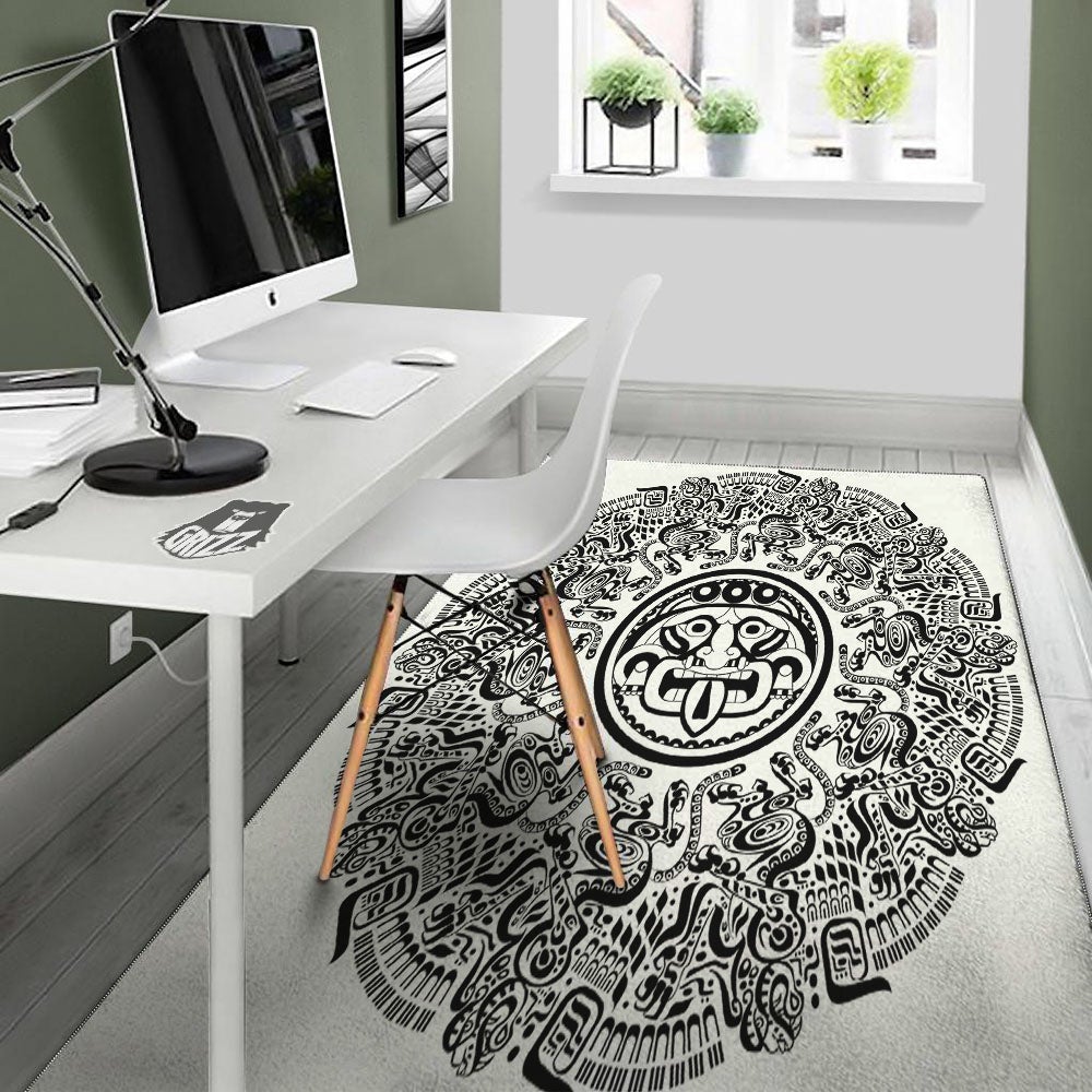 Maya Calendar White And Black Print Floor Mat-grizzshop