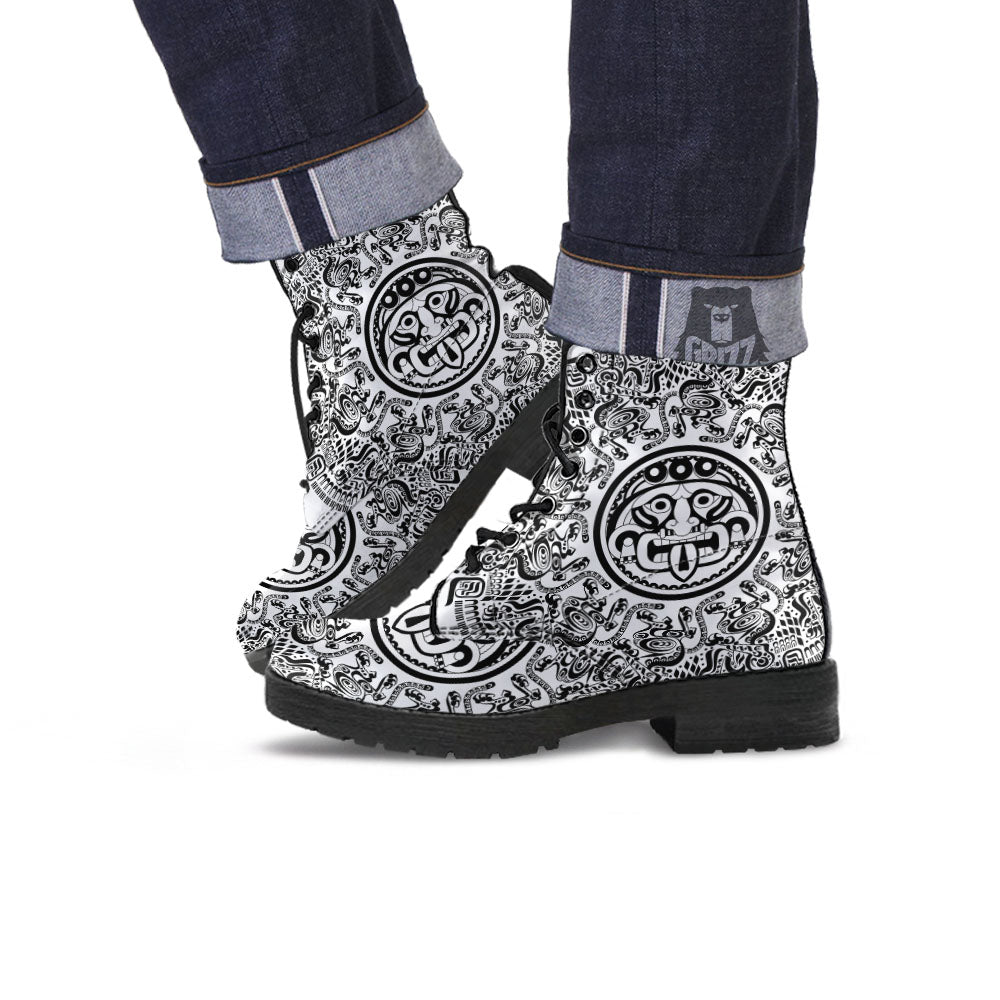 Maya Calendar White And Black Print Leather Boots-grizzshop