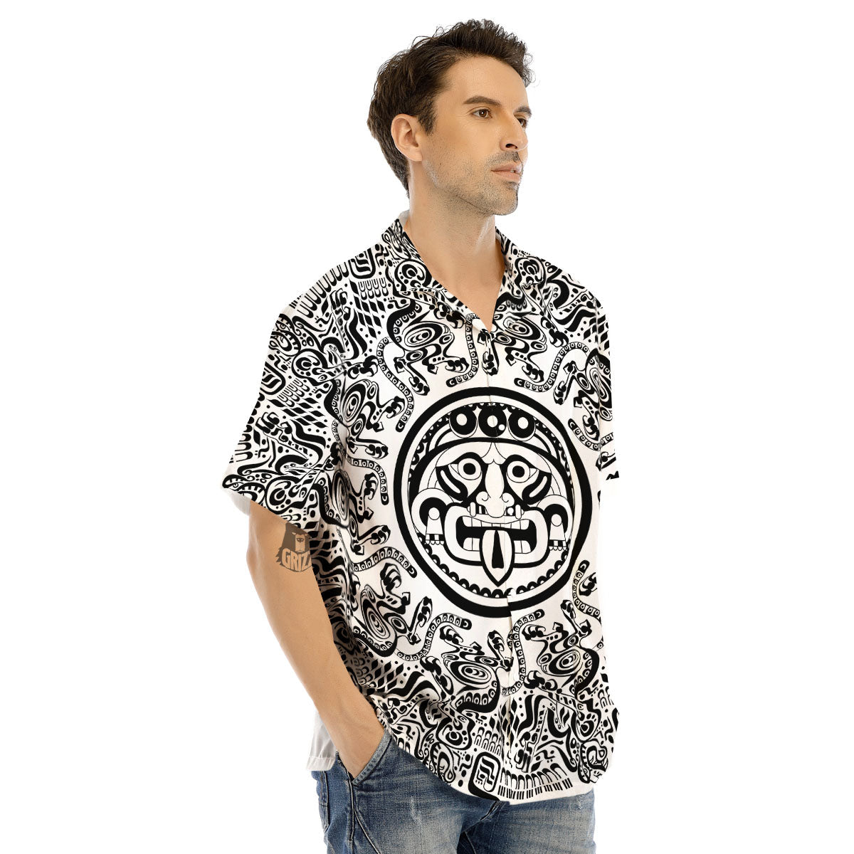 Maya Calendar White And Black Print Men's Hawaiian Shirt-grizzshop
