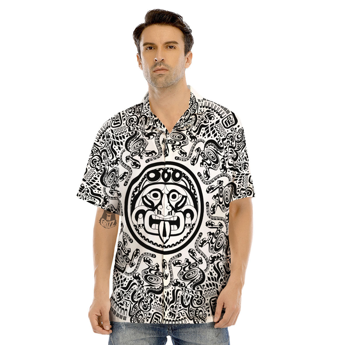 Maya Calendar White And Black Print Men's Hawaiian Shirt-grizzshop