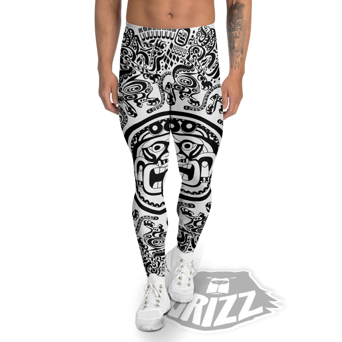 Maya Calendar White And Black Print Men's Leggings-grizzshop