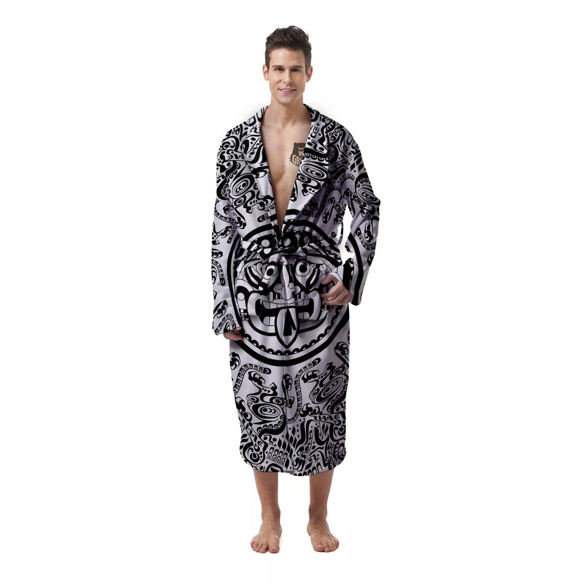 Maya Calendar White And Black Print Men's Robe-grizzshop