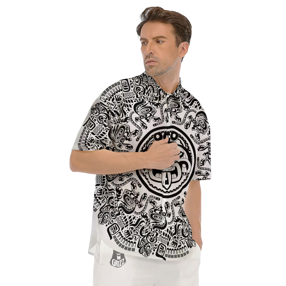 Maya Calendar White And Black Print Men's Short Sleeve Shirts-grizzshop