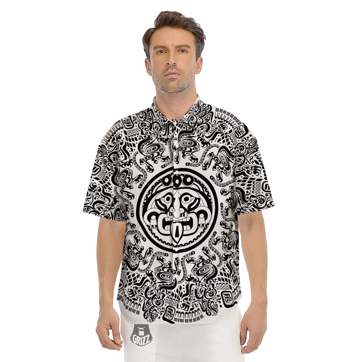 Maya Calendar White And Black Print Men's Short Sleeve Shirts-grizzshop