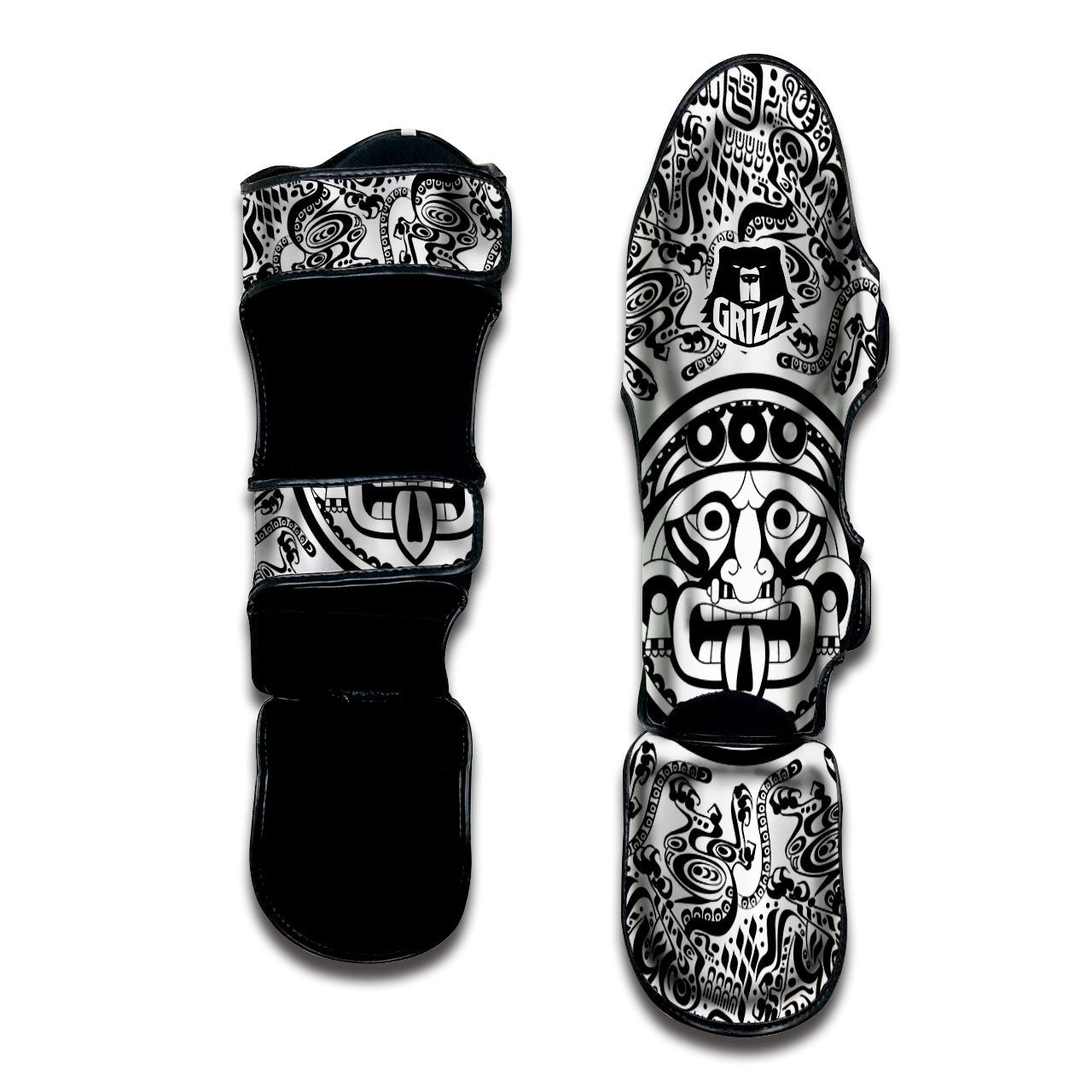 Maya Calendar White And Black Print Muay Thai Shin Guards-grizzshop