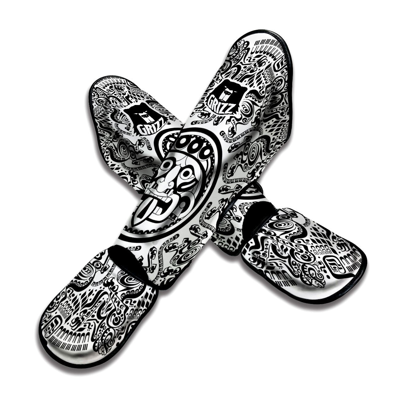 Maya Calendar White And Black Print Muay Thai Shin Guards-grizzshop