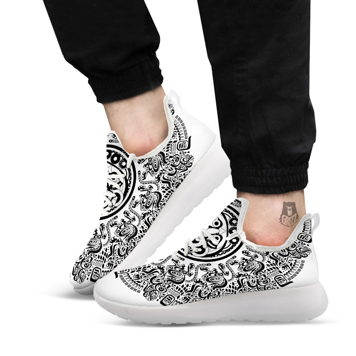 Maya Calendar White And Black Print White Athletic Shoes-grizzshop