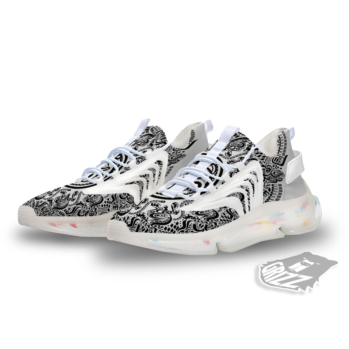 Maya Calendar White And Black Print White Gym Shoes-grizzshop