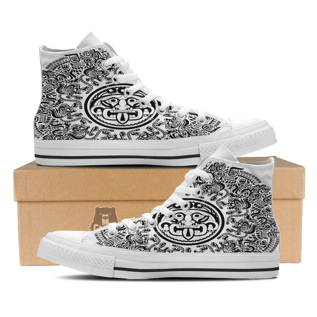 Maya Calendar White And Black Print White High Top Shoes-grizzshop