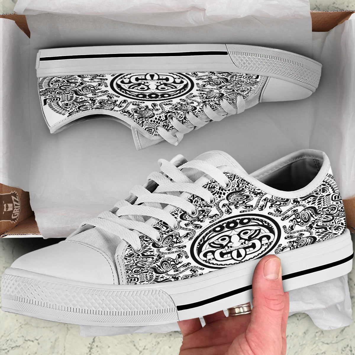 Maya Calendar White And Black Print White Low Top Shoes-grizzshop