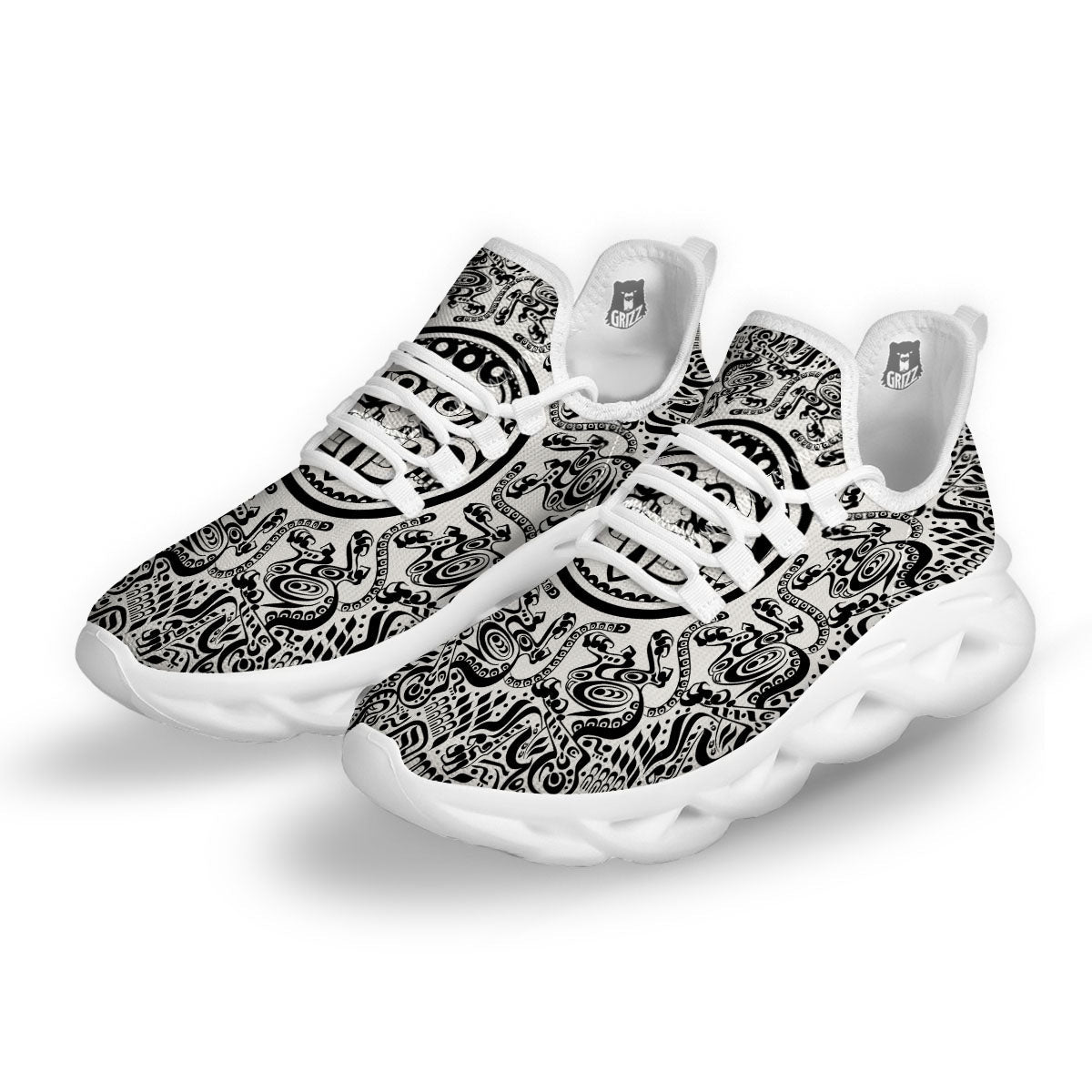 Maya Calendar White And Black Print White Running Shoes-grizzshop